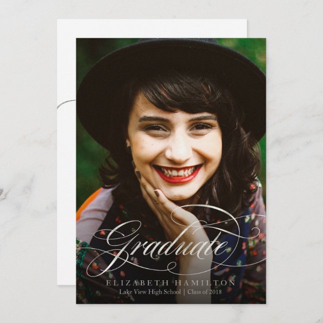 Student Classy Silver Script Grad Party Photo Inbjudningar (Fram/baksida)