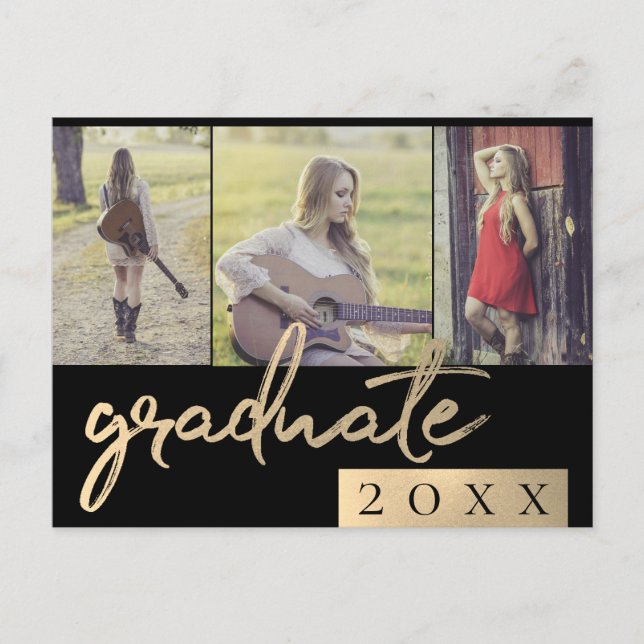 Student Collage | Guld Script 3-fotoköpesaké Inbjudan Vykort (Framsida)