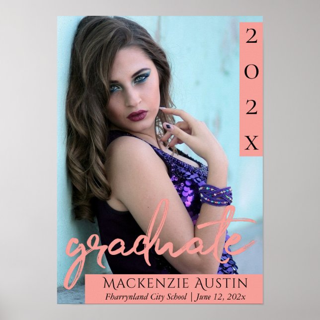 Student Coral Script | Trendig Grad Photo Keepsak Poster (Framsidan)