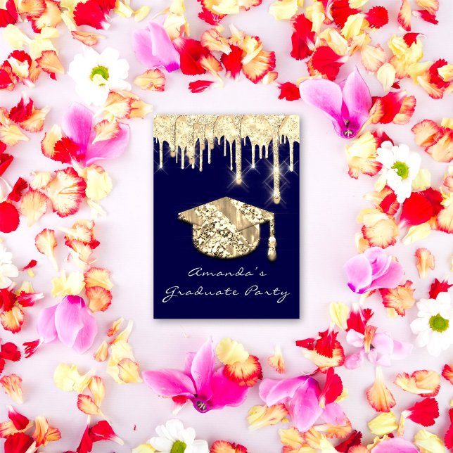 Student Dricks Guld Cap 3D Glam Blue Navy Inbjudningar (Skapare uppladdad)