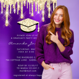 Student Dricks Guld Cap Glitter Glam Lila 3D Inbjudningar