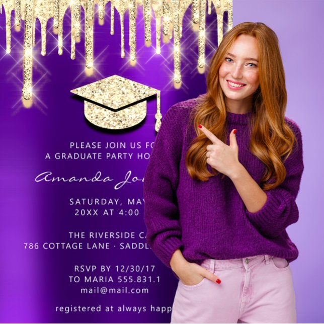 Student Dricks Guld Cap Glitter Glam Lila 3D Inbjudningar (Graduate Drips Gold Cap Glitter Glam Purple 3D Invitation)