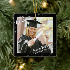Student Editable Black & Stars Two-Photo Julgransprydnad Keramik
