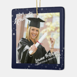 Student Editable Navy Blue & Stars Two-Photo Julgransprydnad Keramik