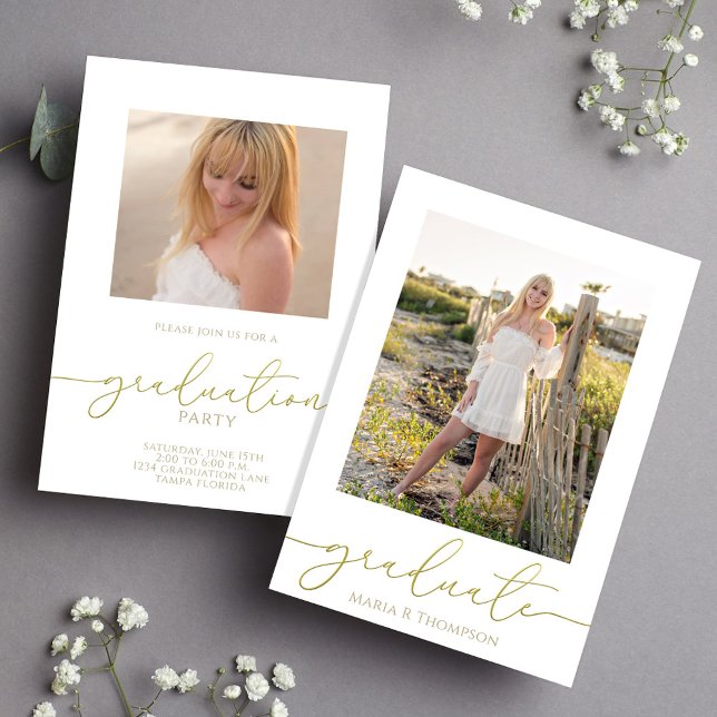 Student Enkel Elegant, typografi, foto Guld Meddelande (Elegant gold typography graduation announcement with customizable graduate photo design.)