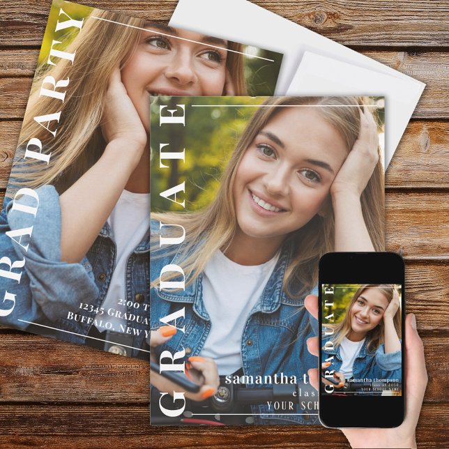 Student enkel fotomall med minimal fetstil inbjudningar (Graduation "graduate" typography photo announcement. )