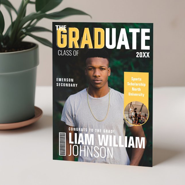 Student-fet Anpassningsbar Grad Photo Magazine Cov Meddelande (Graduate Bold Custom Grad Photo Magazine Cover Announcement)