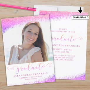 Student Finare-skript, Rosa Faux Glitter Photo Inbjudningar