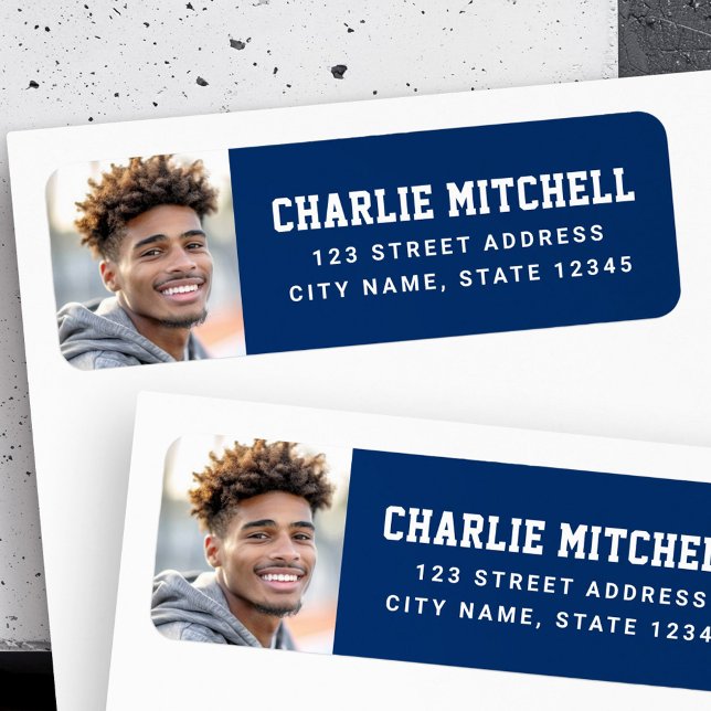 Student fotocollege, typsnittsblå returadress etikett (Graduate photo college font blue return address label)