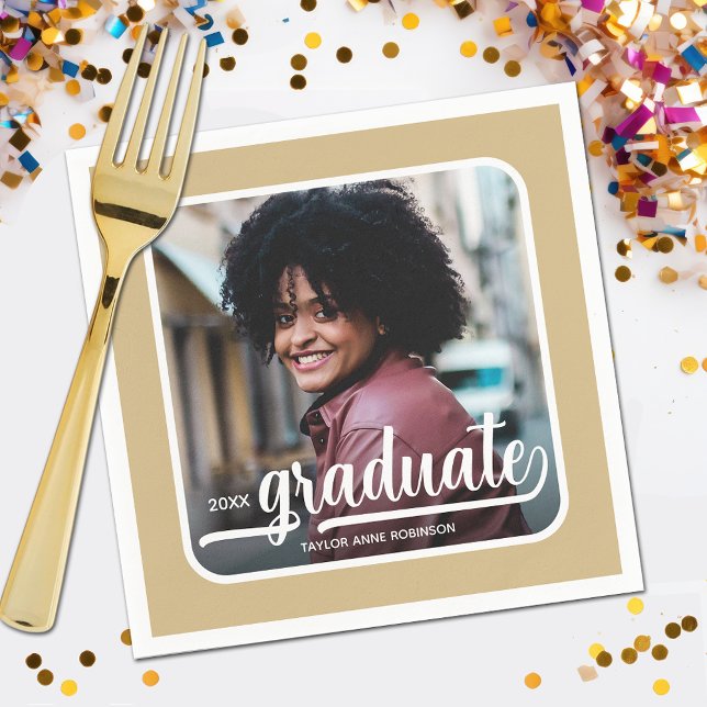 Student fotopapper, fet Guld Pappersservett (Your photo, name, class year and "Graduate" in a cool script on gold background party napkins)