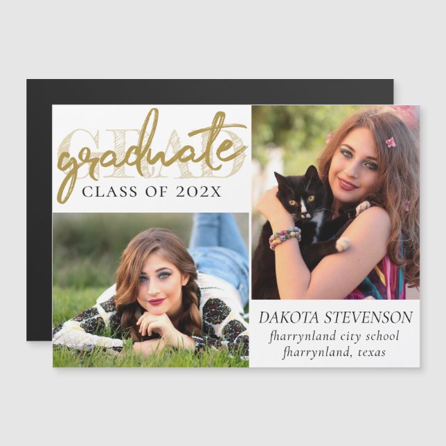 Student Guld skript | Elegant Grad 2 Photo Magnetisk Inbjudningskort (Fram/baksida)