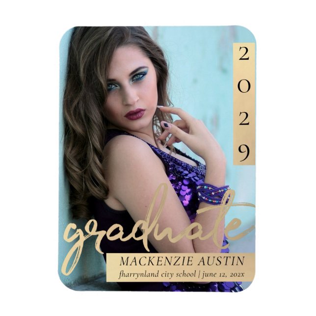 Student Guld skript | Elegant Grad Photo Keepsak Magnet (Vertikal)