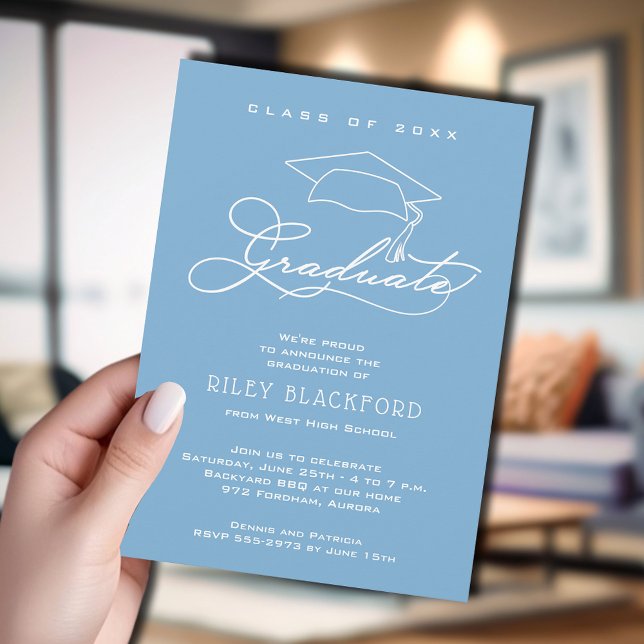 Student Hat Powder Blue Studenten Meddelande (Powder blue graduation announcement cards feature your details in chic white lettering.)