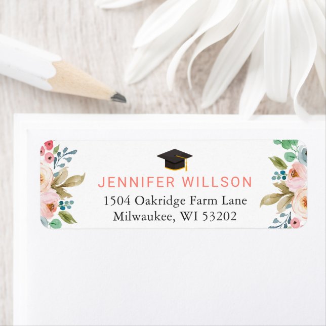 Student Hat Studenten Watercolor Chic Blommigt Returadress Etikett (Insitu)