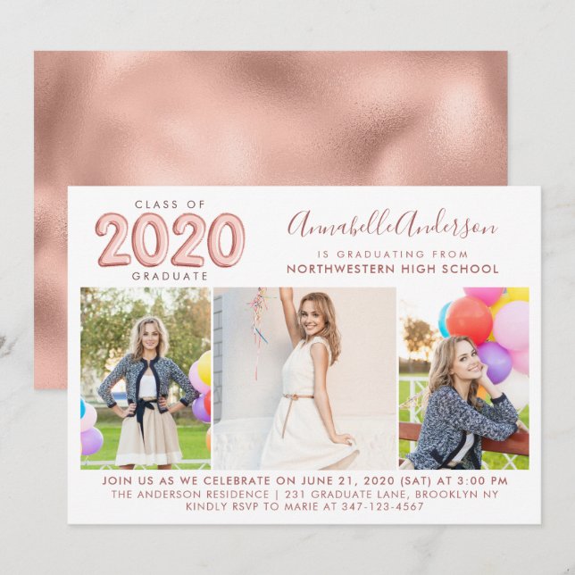 Student-klass 2020 Ro-ballongen Guld Studenten Inbjudningar (Fram/baksida)