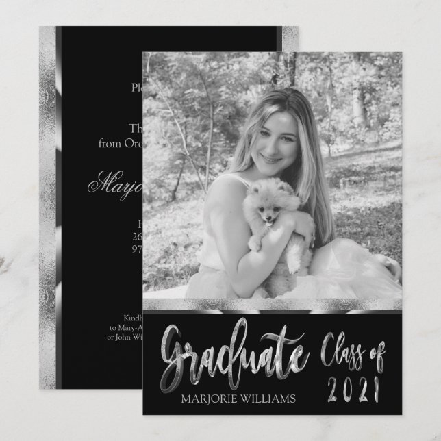 Student-klass 2021 Silver Black and White Inbjudningar (Fram/baksida)