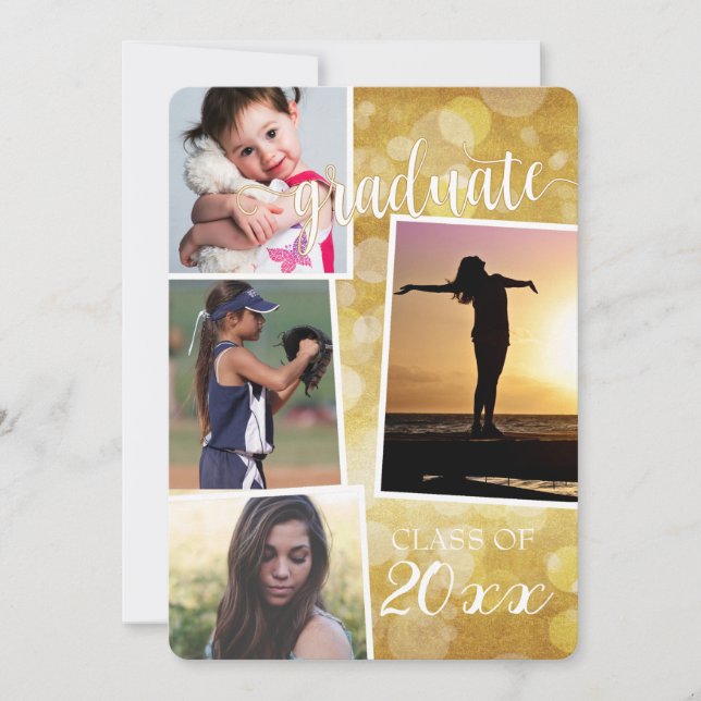 Student-klass 20_ Guld Bokeh med 4 bilder Invi Inbjudningar (Framsida)