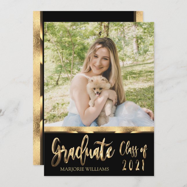 Student-klass för 2021 Black and Guld Script Inbjudningar (Fram/baksida)