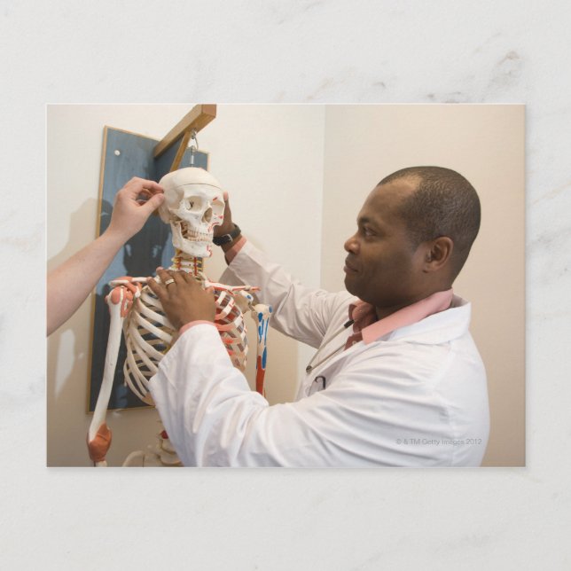 Student läkare studerar anatomi på skelett vykort (Framsida)