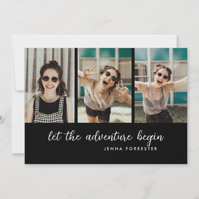 Student låt Äventyr börja | Tre foton Inbjudningar (Framsida)