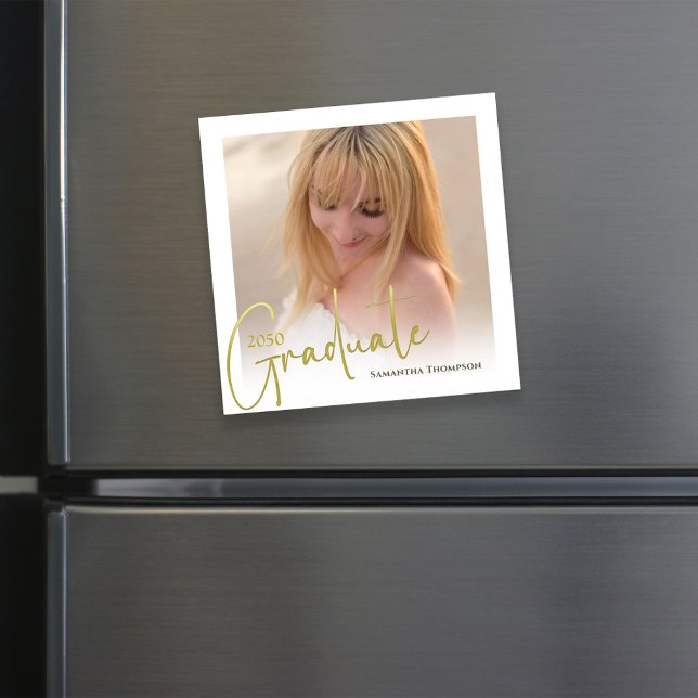 Student-minialistiskt fotomagnetiskt Guld-skript Magnetisk Inbjudningskort (Graduation photo template. )