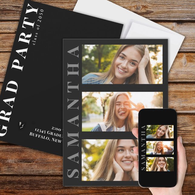 Student Modern, minimalistisk, enkel, tre foto Inbjudningar (Skapare uppladdad)