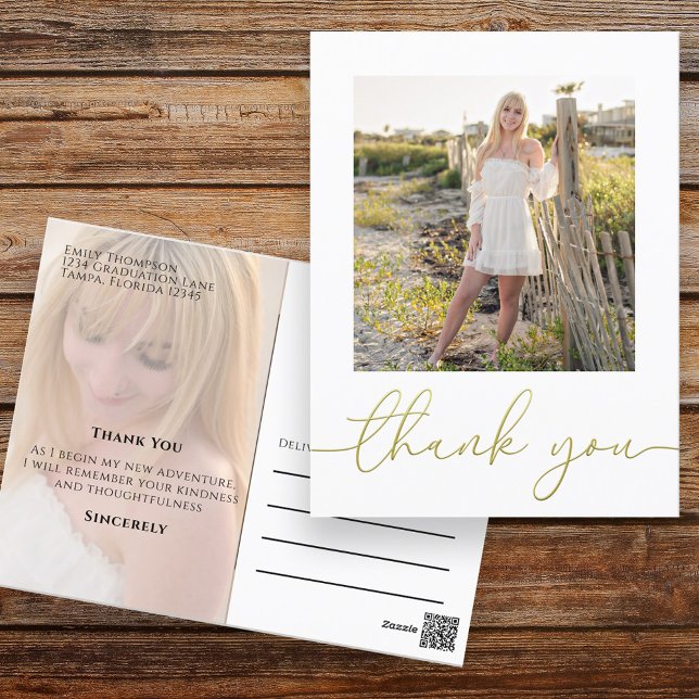 Student Modern Simple Trendig Minimalist Tack Vykort (Graduation photo postcard with a two-photo template and gold calligraphy.)