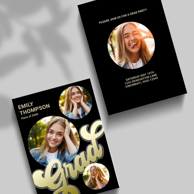 Student Modern Snyggt Retro Guld Photo Collage Inbjudningar (Grad graduate gold typography photo card template. with a four-photo template. )