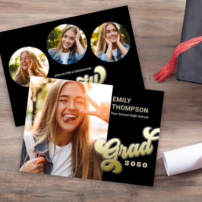 Student Modern Snyggt Retro Guld Photo Collage Inbjudningar (Graduation Gold "grad" Retro typography script modern black and gold.)