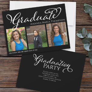 Student Multi Photo Black Elegant Calligraphy Inbjudningar