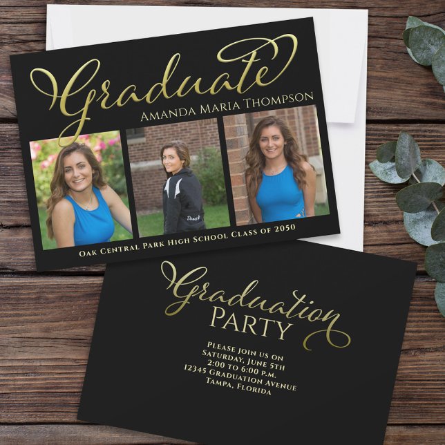 Student Multi Photo Black Guld Calligraphy Inbjudningar (Graduation photo invitation with black and gold typography)