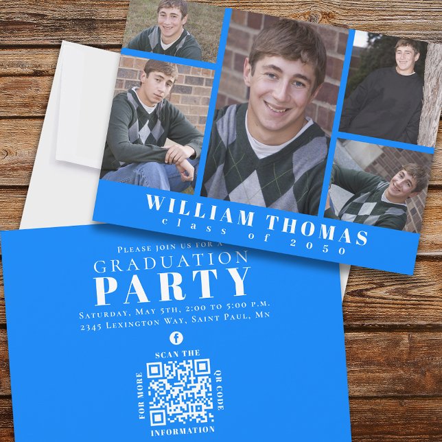 Student Multi Photo Collage Azure Blue QR-kod Inbjudningar (Skapare uppladdad)