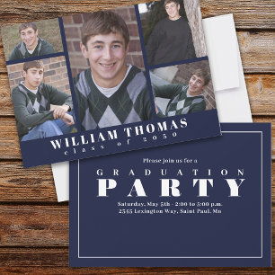 Student Multi Photo Collage Navy Blue Minimalist Inbjudningar