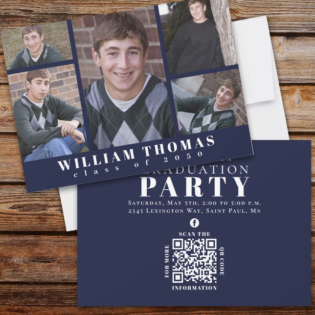 Student Multi Photo Collage Navy Blue QR-kod Inbjudningar (Skapare uppladdad)