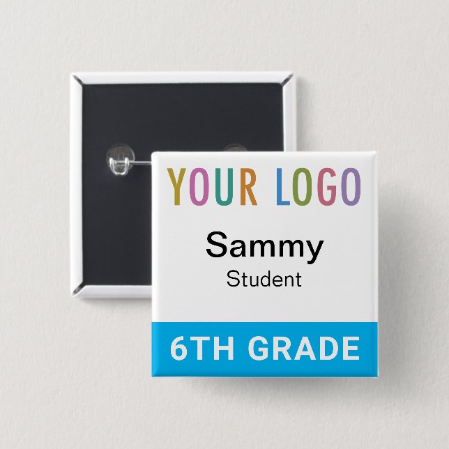 Student Name Badge Button School Logo Sky Blue Knapp (Framsida & baksida)