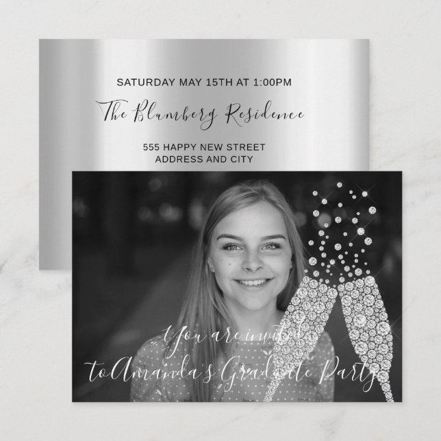 Student Party Champaigne Glass Bubbles Photo Grått Inbjudningar (Fram/baksida)