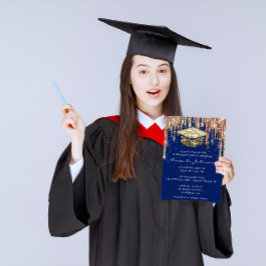 Student Party driver Glitter Blue Guld Confetti Inbjudningar