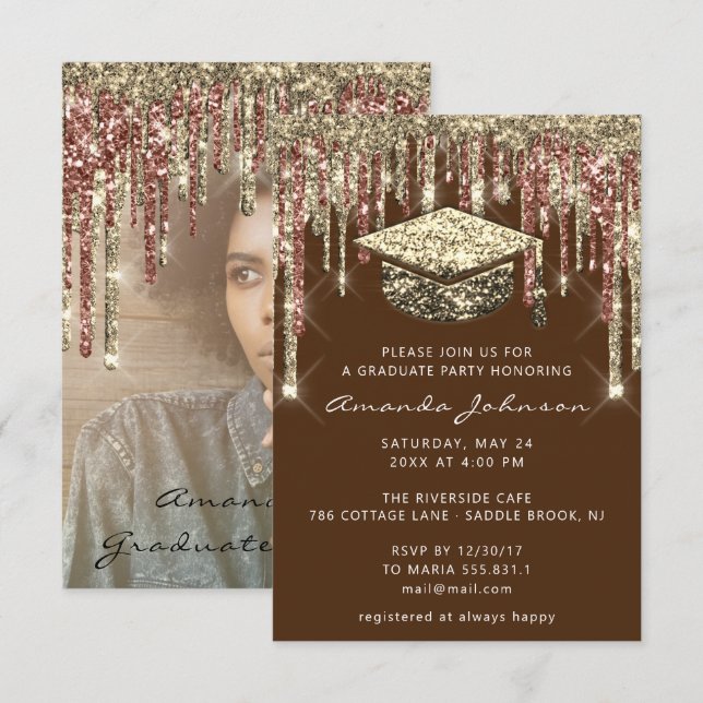 Student Party Drives Glitter Photo Brown Guld Inbjudningar (Fram/baksida)