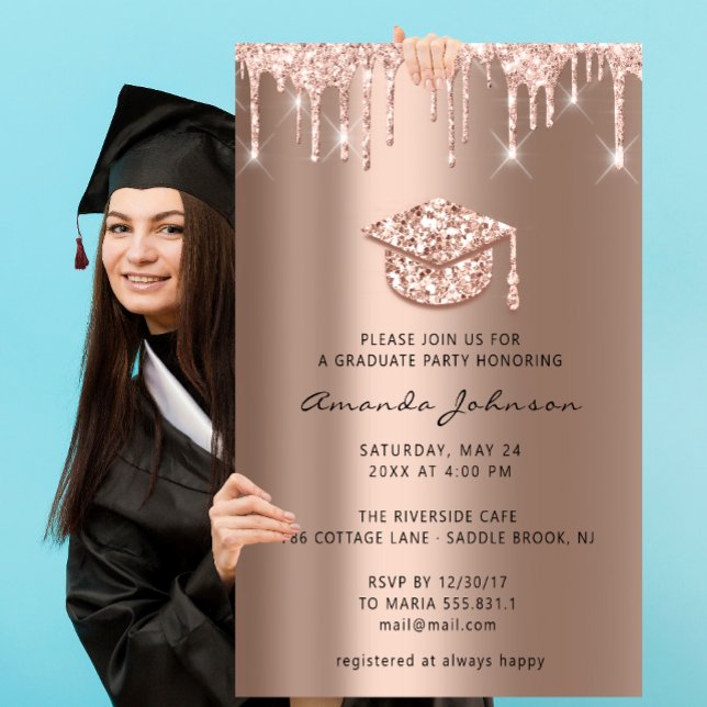 Student Party-drivrutiner Ro Guld-sockel 3D  Inbjudningar (Graduate Party Drips Rose Gold Cap 3D Blush Invitation)