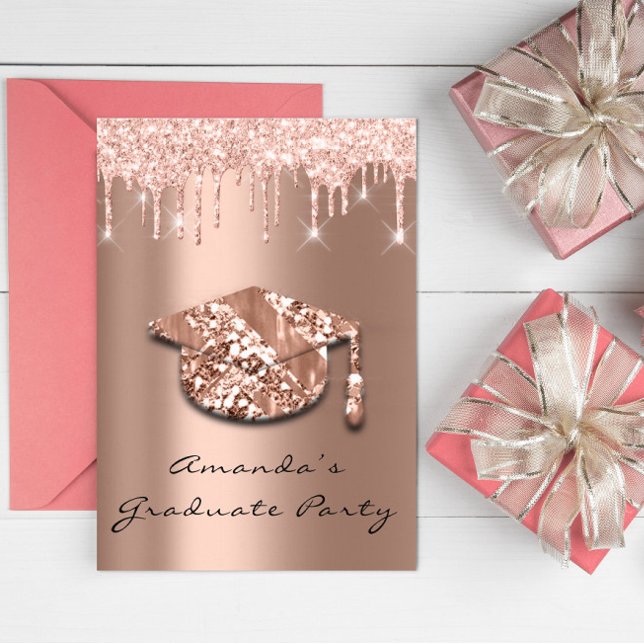 Student Party Drivrutiner vid Ro Guld Cap 3D Glam Inbjudningar (Graduate Party Drips Rose Gold Cap 3D Glam Invitation)