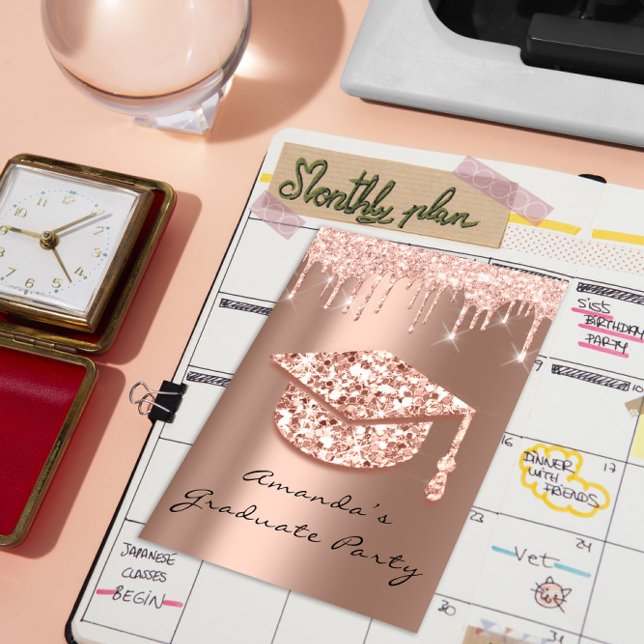 Student Party Drivrutiner vid Ro Guld Cap 3D Glamy Inbjudningar (Graduate Party Drips Rose Gold Cap 3D Glamy Invitation)