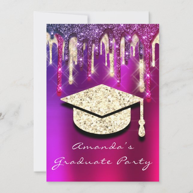 Student Party Guld Cap Glitter Holograph ROSA 3D Inbjudningar (Baksida)