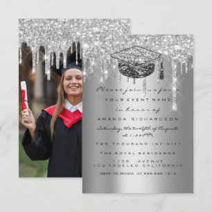 Student Party Silver Glitter Grått Drip Guld Foto Inbjudningar