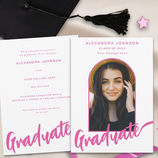 Student Photo Arch Modern Rosa-skript Meddelande (Elegant hot pink script graduate photo boho arch Graduation announcement card)