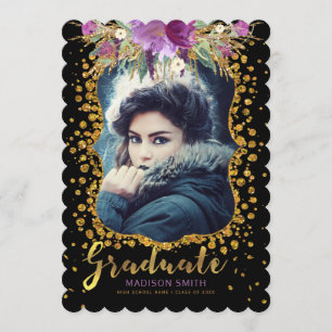 Student Photo Blommigt Faux Guld Glitter confetti Meddelande
