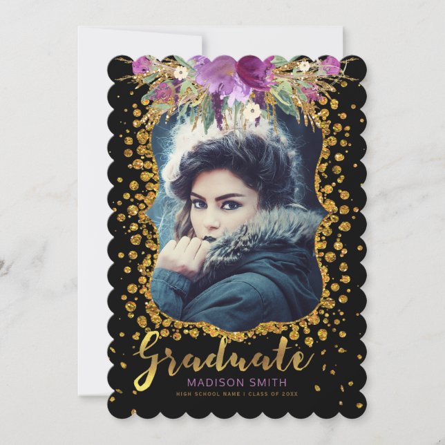 Student Photo Blommigt Faux Guld Glitter confetti Meddelande (Framsida)