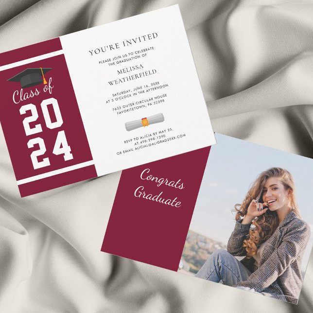Student Photo Burgundy 2024 Studentfest Inbjudningar (Burgundy Graduation Photo Party Invitation)