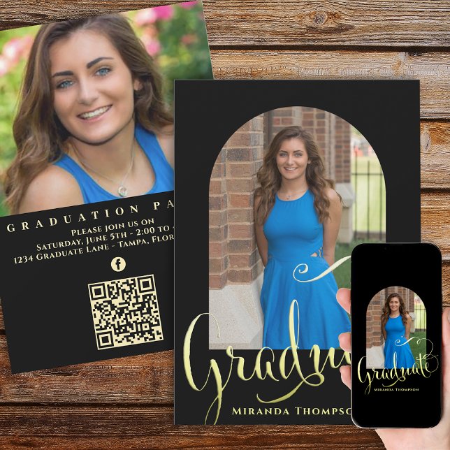 Student Photo Calligraphy Script Black Guld Arch Inbjudningar (Skapare uppladdad)