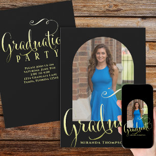 Student Photo Calligraphy Script Black Guld Arch Inbjudningar