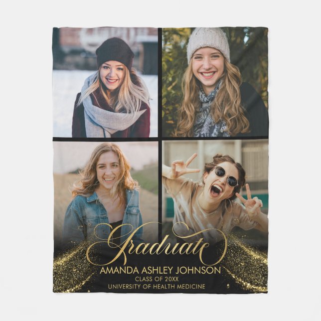 Student Photo Collage Black Guld Studenten Fleecefilt (Framsidan)